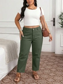 EMERY ROSE Women's Plus Size Solid Color High Waist Fashionable Jeans Formal Sage Green Summer Casual - Green - View 5