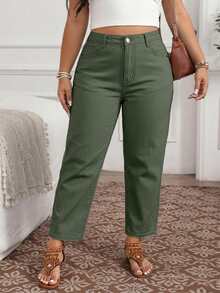 EMERY ROSE Women's Plus Size Solid Color High Waist Fashionable Jeans Formal Sage Green Summer Casual - Green - View 3