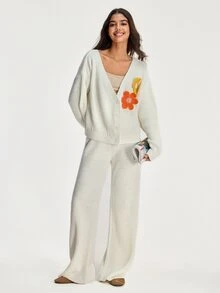 SHEIN Versatile 3D Floral Embroidered Button Knit Cardigan And Knit Pants Set - White - View 9