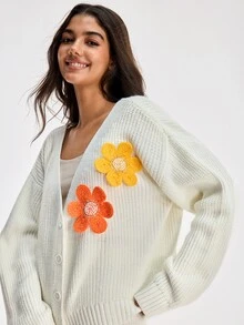 SHEIN Versatile 3D Floral Embroidered Button Knit Cardigan And Knit Pants Set - White - View 8