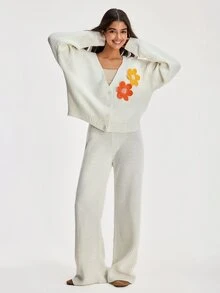 SHEIN Versatile 3D Floral Embroidered Button Knit Cardigan And Knit Pants Set - White - View 6