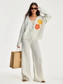 SHEIN Versatile 3D Floral Embroidered Button Knit Cardigan And Knit Pants Set - White - View 5