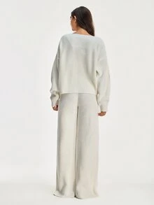 SHEIN Versatile 3D Floral Embroidered Button Knit Cardigan And Knit Pants Set - White - View 3