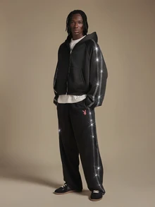 PLAYBOY X SUMWON Bunny Logo Wide Leg Track Pants With Silver Rhinestone Side Stripe Detail Full Length Casual Trousers - Black - View 3