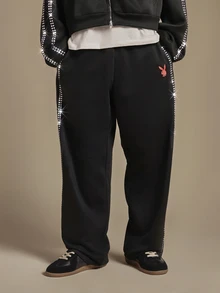 PLAYBOY X SUMWON Bunny Logo Wide Leg Track Pants With Silver Rhinestone Side Stripe Detail Full Length Casual Trousers - Black - View 4