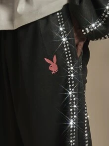 PLAYBOY X SUMWON Bunny Logo Wide Leg Track Pants With Silver Rhinestone Side Stripe Detail Full Length Casual Trousers - Black - View 5