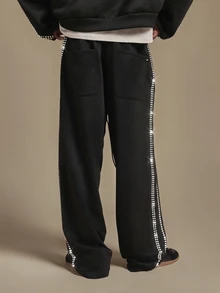 PLAYBOY X SUMWON Bunny Logo Wide Leg Track Pants With Silver Rhinestone Side Stripe Detail Full Length Casual Trousers - Black - View 2