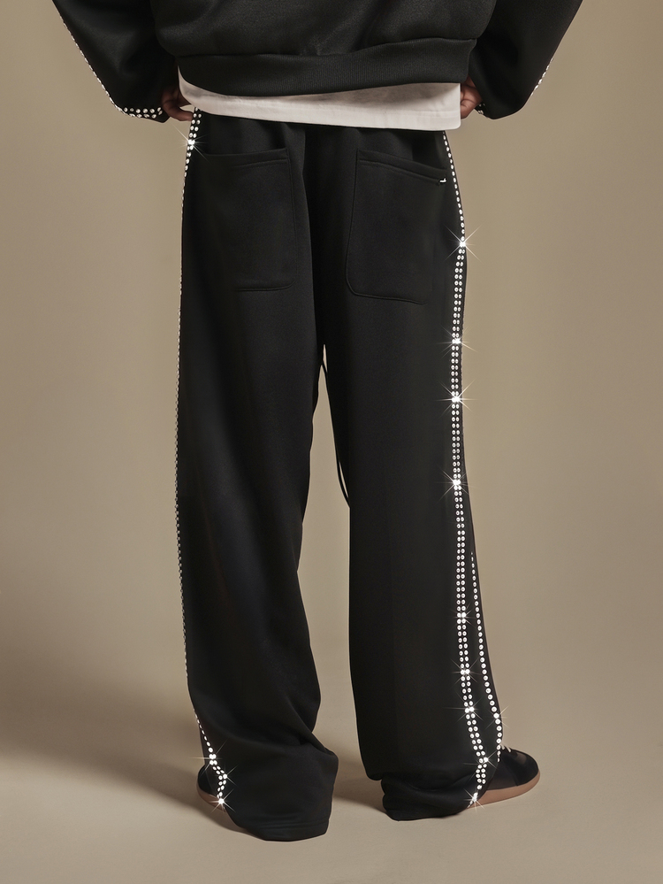 PLAYBOY X SUMWON Bunny Logo Wide Leg Track Pants With Silver Rhinestone Side Stripe Detail Full Length Casual Trousers - Black - View 2