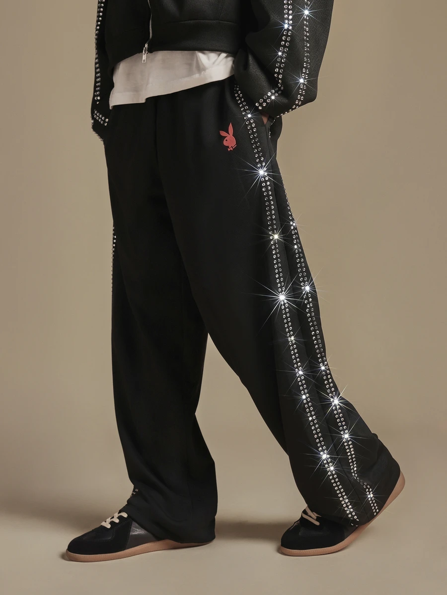 PLAYBOY X SUMWON Bunny Logo Wide Leg Track Pants With Silver Rhinestone Side Stripe Detail Full Length Casual Trousers - Black - View 1
