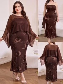 Reflora Plus Size Women's 2 Pieces Set Autumn Elegant Celestial Formal Positioned Print Large Floral Romantic Dinner Party Brown - Brown - View 8