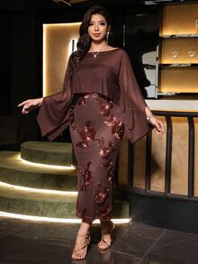 Reflora Plus Size Women's 2 Pieces Set Autumn Elegant Celestial Formal Positioned Print Large Floral Romantic Dinner Party Brown - Brown - View 6