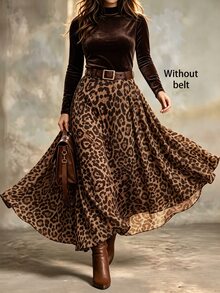 Linhara CURVE Plus Size Women's Fashion Casual Long Sleeve Brown Leopard Print Top And Skirt 2pcs Set, Versatile For Commuting, Outings And Dates Winter - Brown - View 1