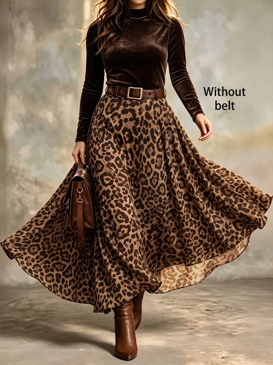 Linhara CURVE Plus Size Women's Fashion Casual Long Sleeve Brown Leopard Print Top And Skirt 2pcs Set, Versatile For Commuting, Outings And Dates Winter - Brown - View 1
