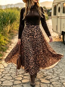 Linhara CURVE Plus Size Women's Fashion Casual Long Sleeve Brown Leopard Print Top And Skirt 2pcs Set, Versatile For Commuting, Outings And Dates Winter - Brown - View 4