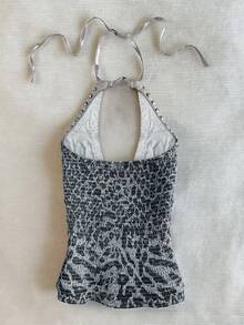 IslaSuriya Summer Vintage Leopard Print Halter Neck Top, Women's Top With Rhinestone And Metal Rivet Decor - Grey - View 2