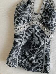 IslaSuriya Summer Vintage Leopard Print Halter Neck Top, Women's Top With Rhinestone And Metal Rivet Decor - Grey - View 5