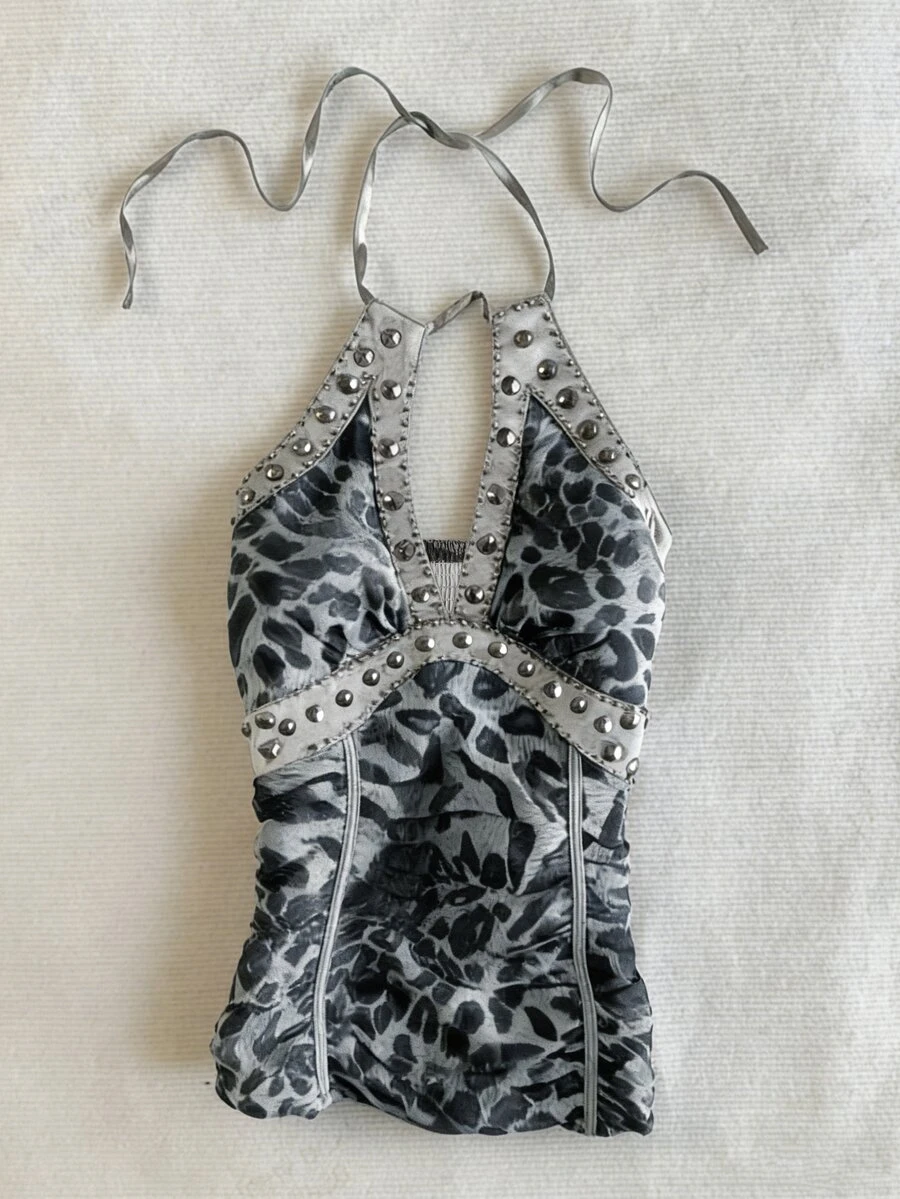 IslaSuriya Summer Vintage Leopard Print Halter Neck Top, Women's Top With Rhinestone And Metal Rivet Decor - Grey - View 1