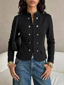 SHEIN PETITE Jaket Lengan Panjang Wanita Warna Polos Kasual Serbaguna untuk Sehari-hari - Hitam - View 5
