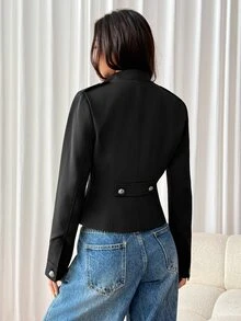 SHEIN PETITE Jaket Lengan Panjang Wanita Warna Polos Kasual Serbaguna untuk Sehari-hari - Hitam - View 2