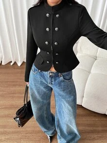 SHEIN PETITE Jaket Lengan Panjang Wanita Warna Polos Kasual Serbaguna untuk Sehari-hari - Hitam - View 6