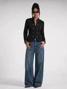 SHEIN PETITE Jaket Lengan Panjang Wanita Warna Polos Kasual Serbaguna untuk Sehari-hari - Hitam - View 3