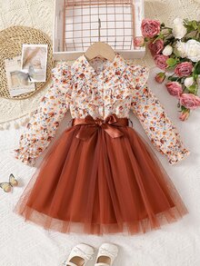 SHEIN فساتين زهرية بكشكشة للفتيات الصغيرات، رداء أنيق وشيك، خريف، قمصان خريفية، فستان شبكي بطبعة زهرية للعطلات - بني - مشاهدة 8