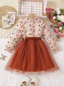 SHEIN فساتين زهرية بكشكشة للفتيات الصغيرات، رداء أنيق وشيك، خريف، قمصان خريفية، فستان شبكي بطبعة زهرية للعطلات - بني - مشاهدة 2