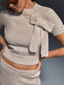 SHEIN Women Comfy Cozy Drawstring Bow Embroidered Knit Top And Knit Short 2pcs Two Pieces Set - Beige - View 5