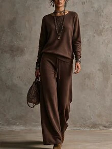 SHEIN Minimalist Commuter Knit Set, Dropped Shoulder Long Sleeve Top & High Waist Straight Wide Leg Pants - Brown - View 4