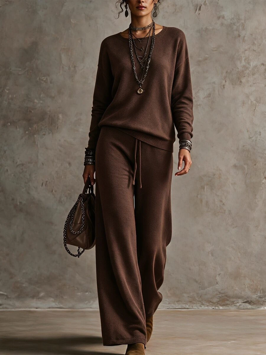SHEIN Minimalist Commuter Knit Set, Dropped Shoulder Long Sleeve Top & High Waist Straight Wide Leg Pants