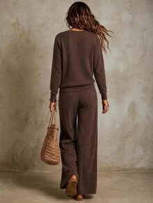 SHEIN Minimalist Commuter Knit Set, Dropped Shoulder Long Sleeve Top & High Waist Straight Wide Leg Pants - Brown - View 3