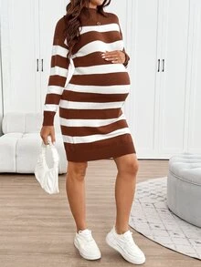 SHEIN Maternity Colorblock Casual Everyday Knit Dress Winter - Multicolor - View 3