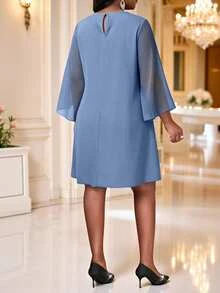 SHEIN Lady Plus Size Round Neck Solid Color Split Sleeve Short Dress Wedding Party Cocktail Evening Dusty Blue Autumn Elegant - Dusty Blue - View 2