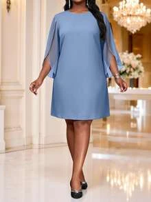 SHEIN Lady Plus Size Round Neck Solid Color Split Sleeve Short Dress Wedding Party Cocktail Evening Dusty Blue Autumn Elegant - Dusty Blue - View 5