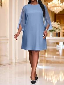 SHEIN Lady Plus Size Round Neck Solid Color Split Sleeve Short Dress Wedding Party Cocktail Evening Dusty Blue Autumn Elegant - Dusty Blue - View 6