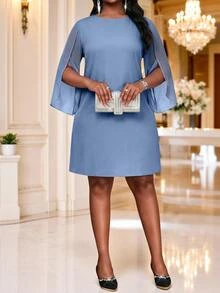 SHEIN Lady Plus Size Round Neck Solid Color Split Sleeve Short Dress Wedding Party Cocktail Evening Dusty Blue Autumn Elegant - Dusty Blue - View 4