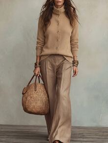 LUMIGAL Soft Camel Ribbed Knit Cardigan With A High Buttoned Collar And Relaxed Fit. Work Brunch Travel Travel Taupe Autumn Elegant Casual Minimalist - Khaki - View 3