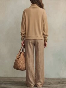 LUMIGAL Soft Camel Ribbed Knit Cardigan With A High Buttoned Collar And Relaxed Fit. Work Brunch Travel Travel Taupe Autumn Elegant Casual Minimalist - Khaki - View 2