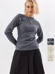 KÆRIA Hus Close Fit Boat Neck Long Sleeve Top - Soft Touch Comfort Stretch - Grey - Long Sleeve Topop Office Brunch Autumn Casual Basic - Dark Grey - View 9