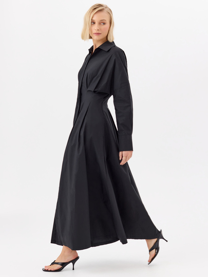 KÆRIA Hus Cinched Waist Long Sleeve Maxi Shirt Dress - Crisp Cotton Poplin - Black - Elegant Smart Minimalist, Business Office Autumn
