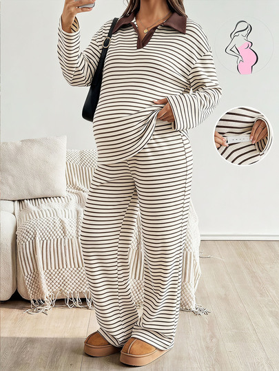 SHEIN Maternity Blue White Stripe Collared Long Sleeve T-Shirt And Adjustable Waist Long Pants Casual Romantic Loose Fit 2 Pieces Set Fall Photoshoot Formal