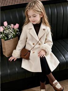 Young Girls Lapel Overcoats, Long Sleeve Top, Autumn, Fall Clothes, School Long Sleeve Overcoat With Fur Cuffs, Lapel Collar - Apricot - View 1