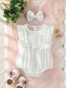 SHEIN 1件裝新生女嬰純色荷葉邊蕾絲飾邊連身衣連帽頭帶套裝，柔軟透氣春夏嬰兒服飾 - 白色 - 查看 3