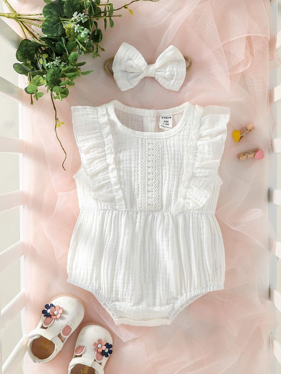 SHEIN 1pc Newborn Baby Girl Solid Color Ruffle Lace Trim Bodysuit Romper Headband Set, Soft Breathable Summer Spring Outfits Clothes For Infant - White - View 1