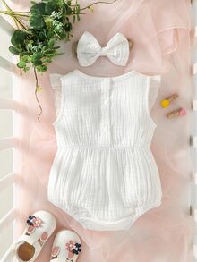 SHEIN 1件裝新生女嬰純色荷葉邊蕾絲飾邊連身衣連帽頭帶套裝，柔軟透氣春夏嬰兒服飾 - 白色 - 查看 2