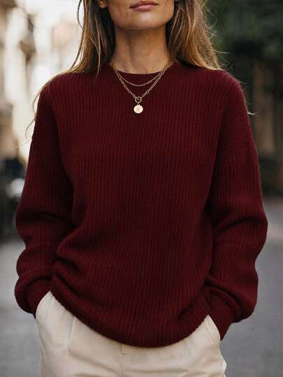 EMERY ROSE Women's Casual Loose Fit Solid Color Round Neck Drop Shoulder Long Sleeve Pullover Sweater, Autumn Fall Winter Cloth For Women