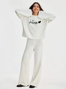 SHEIN Women Round Neck Sweater And Sweater Pant 2pcs Co-Ord Set Print Detailed - White - View 6