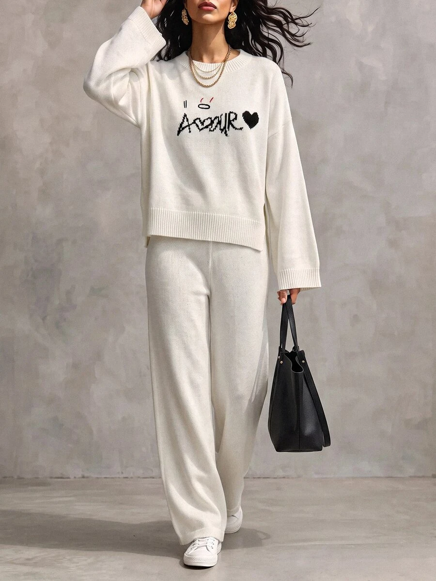 SHEIN Women Round Neck Sweater And Sweater Pant 2pcs Co-Ord Set Print Detailed