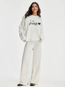 SHEIN Women Round Neck Sweater And Sweater Pant 2pcs Co-Ord Set Print Detailed - White - View 5