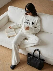 SHEIN Women Round Neck Sweater And Sweater Pant 2pcs Co-Ord Set Print Detailed - White - View 4